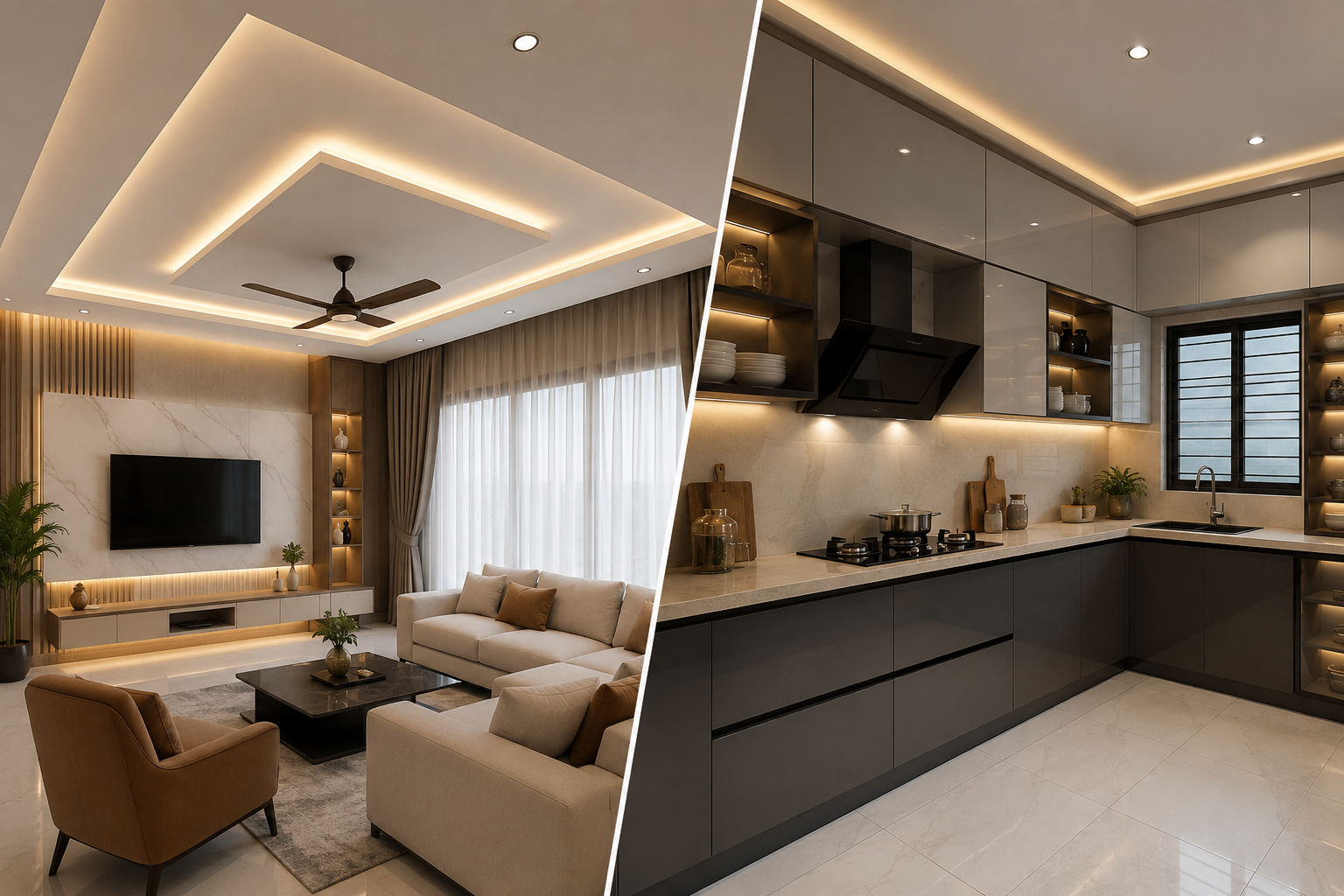 Modern false ceiling and modular kitchen design